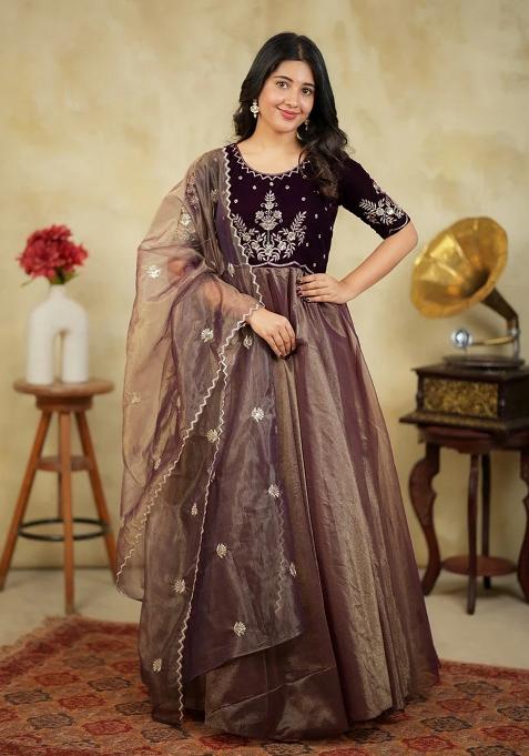 Brown Embroidered Velvet Gown With Dupatta