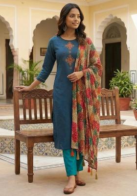Blue Embroidered Blended Straight Kurta Set