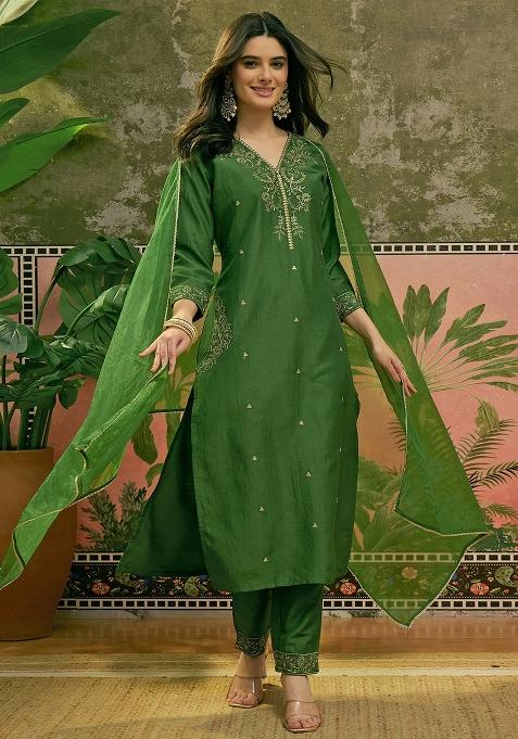 Green Embroidered Chinon Kurta Set