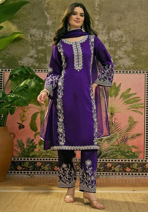 Purple Embroidered Chinon Kurta Set