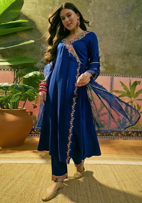 Blue Embroidered Chinon Kurta Set