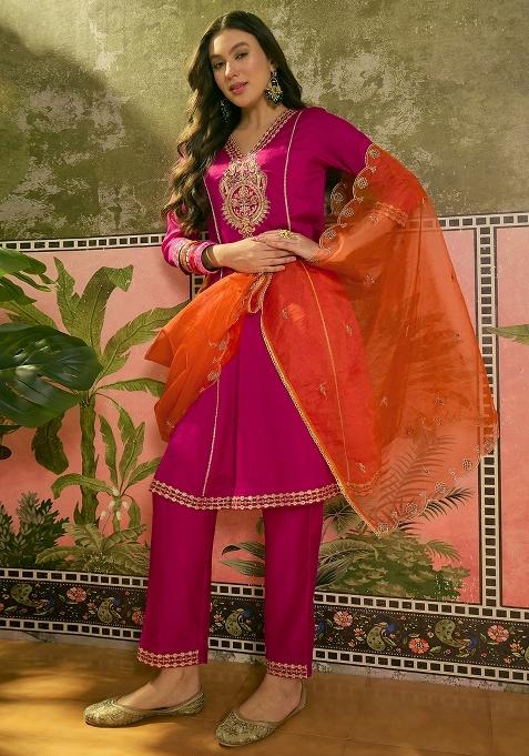 Rani Pink Embroidered Vichitra Kurta Set