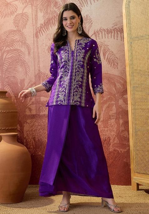 Purple Embroidered Chinon Fusion Set
