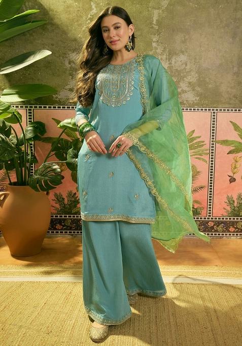 Firoji Embroidered Chinon Kurta Set