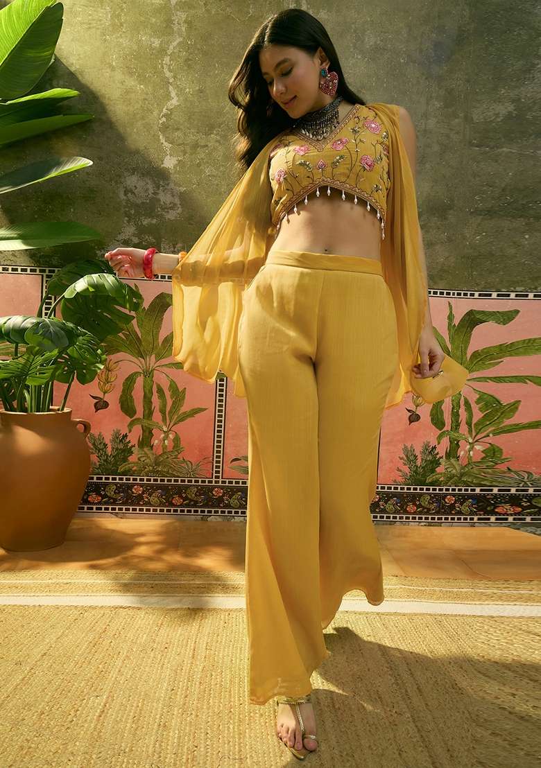 Yellow Embroidered Georgette Fusion Set - Indya