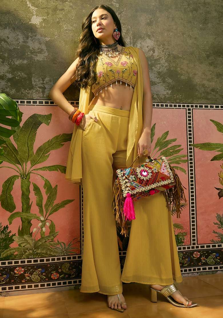 Yellow Embroidered Georgette Fusion Set - Indya