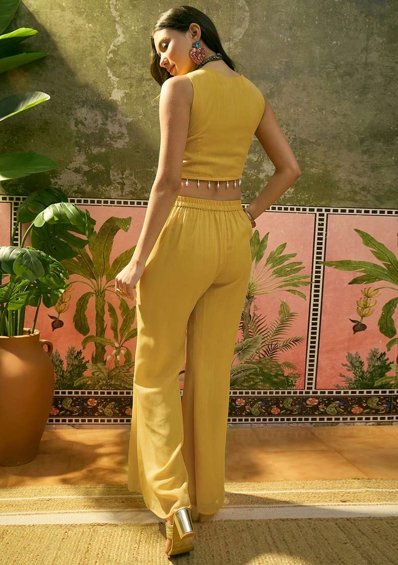 Yellow Embroidered Georgette Fusion Set - Indya