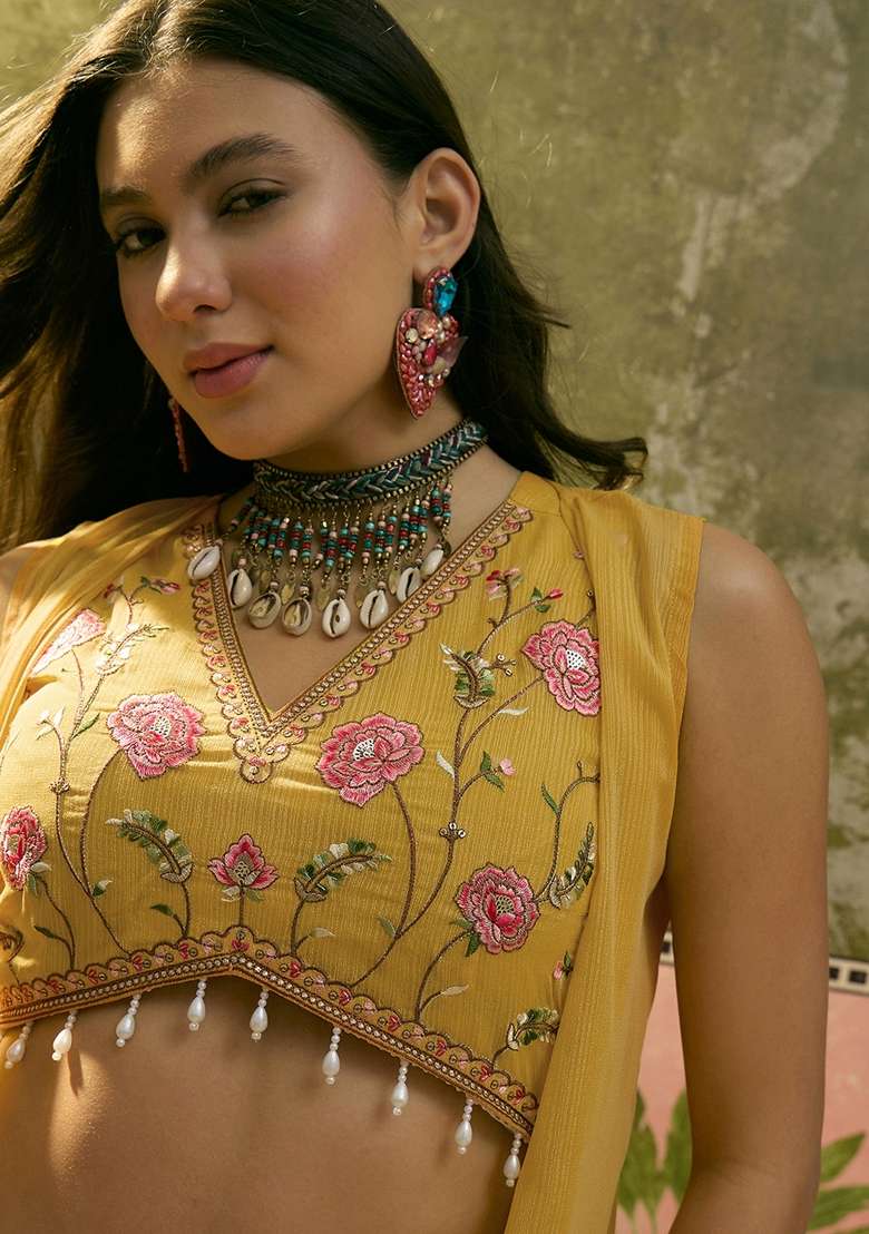 Yellow Embroidered Georgette Fusion Set - Indya