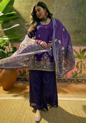 Purple Embroidered Chinon Straight Kurta Set