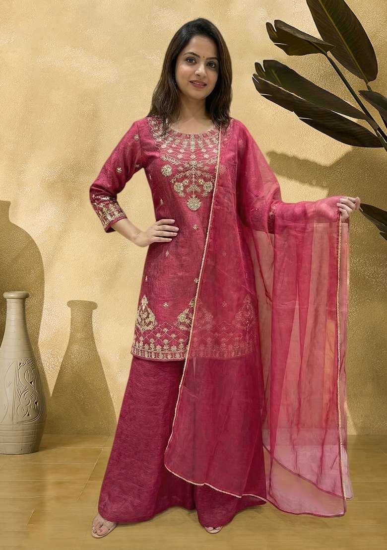 Pink Embroidered Silk Sharara Set - Indya