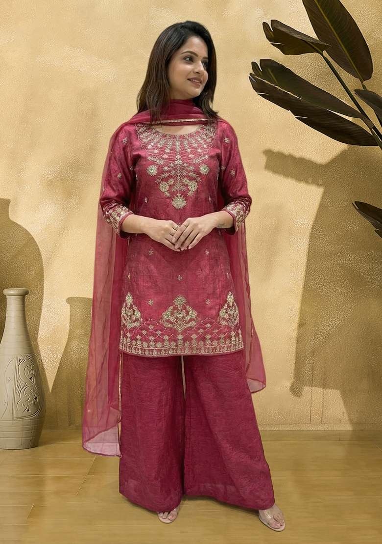 Pink Embroidered Silk Sharara Set - Indya