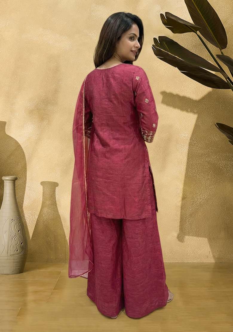Pink Embroidered Silk Sharara Set - Indya