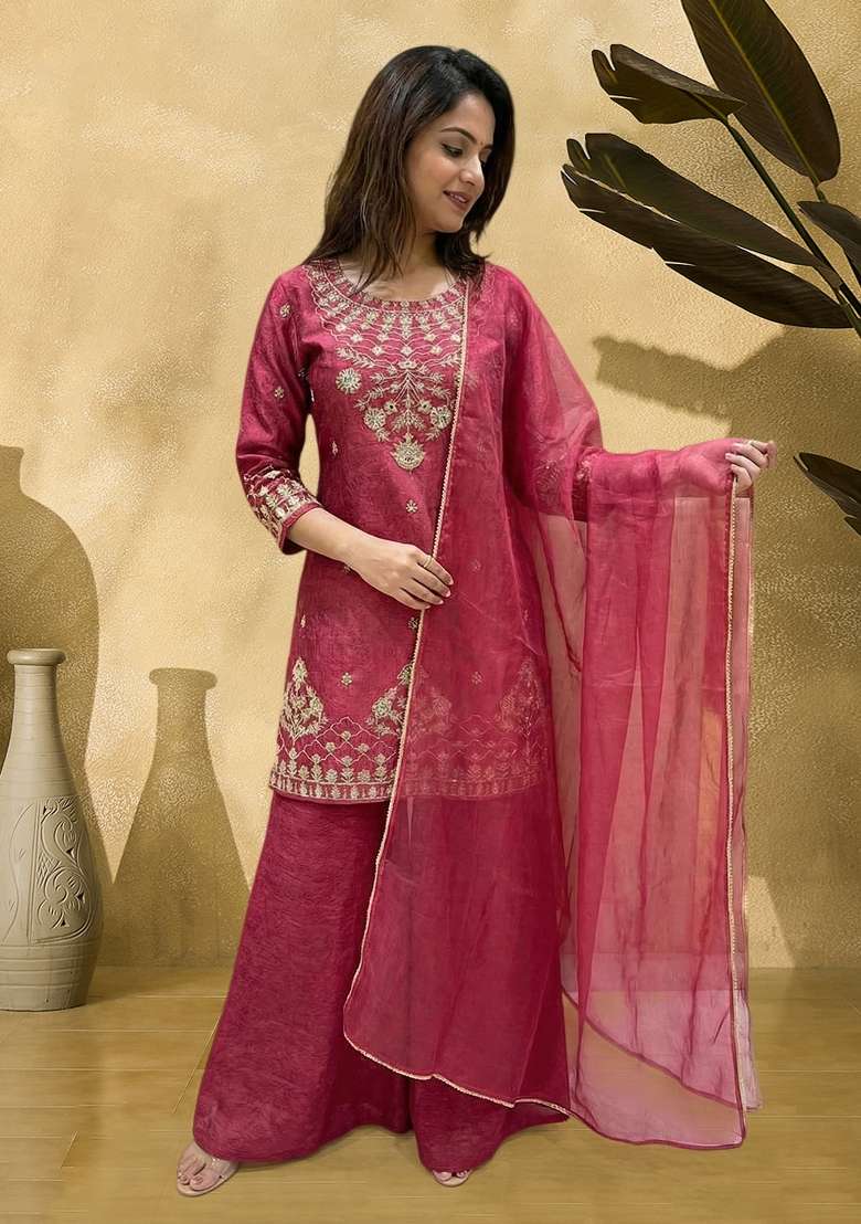 Pink Embroidered Silk Sharara Set - Indya