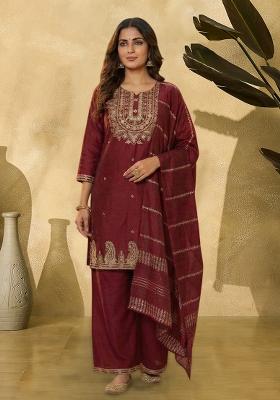 Maroon Embroidered Silk Straight Kurta Set