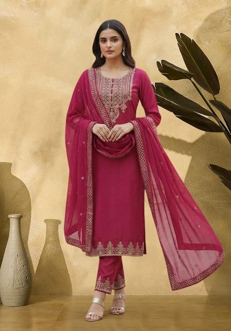 Rani Pink Embroidered Georgette Straight Kurta Set