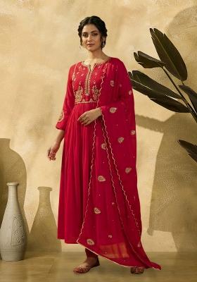 Red Embroidered Georgette Anarkali Set