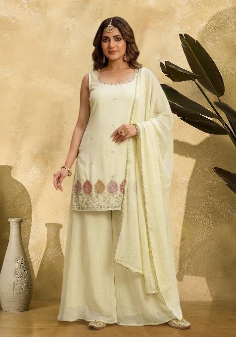Cream Embroidered Chinon Kurta Set