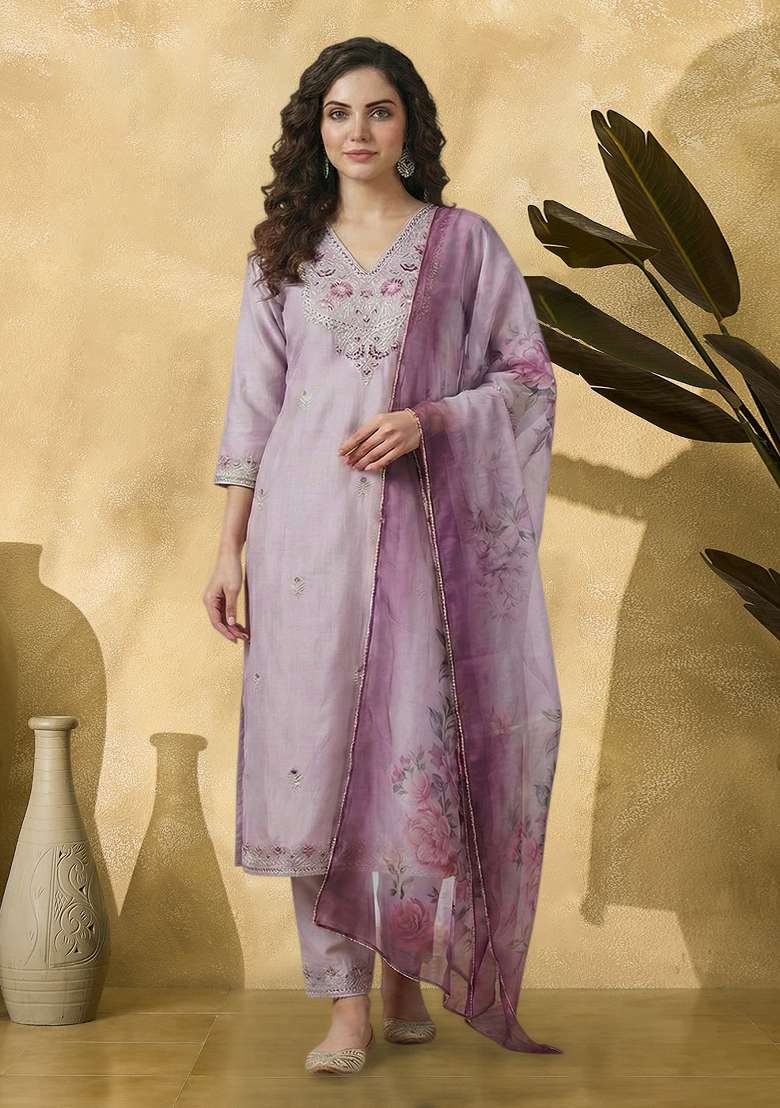 Lavender Embroidered Chinon Straight Kurta Set - Indya