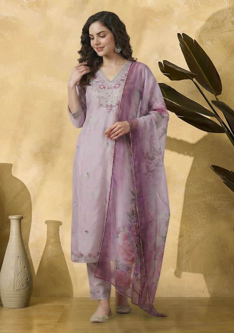 Lavender Embroidered Chinon Straight Kurta Set - Indya