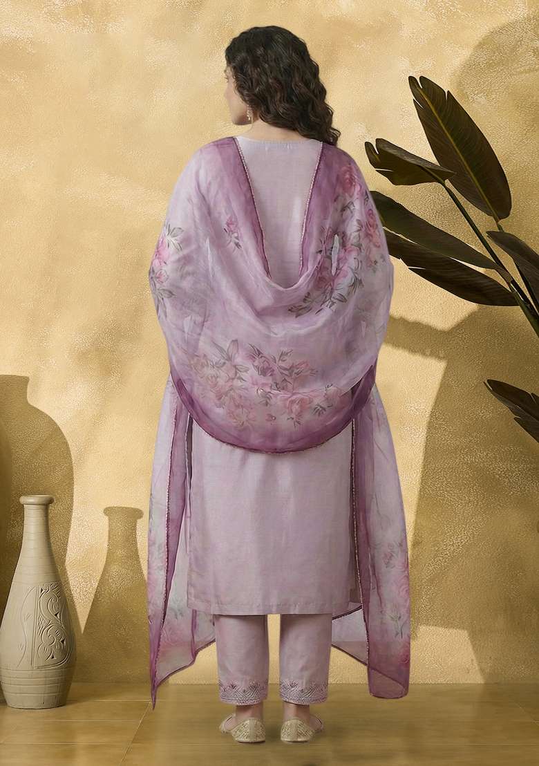 Lavender Embroidered Chinon Straight Kurta Set - Indya