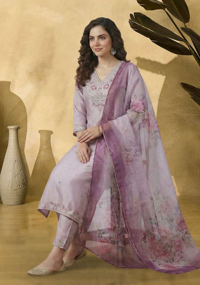Lavender Embroidered Chinon Straight Kurta Set - Indya