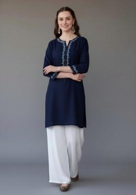 Navy Blue Embroidered Rayon Kurta Set