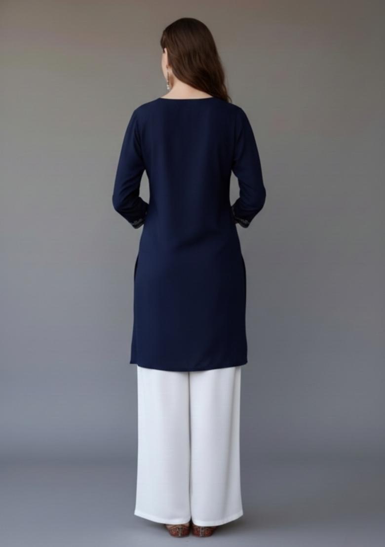 Navy Blue Embroidered Rayon Kurta Set - Indya