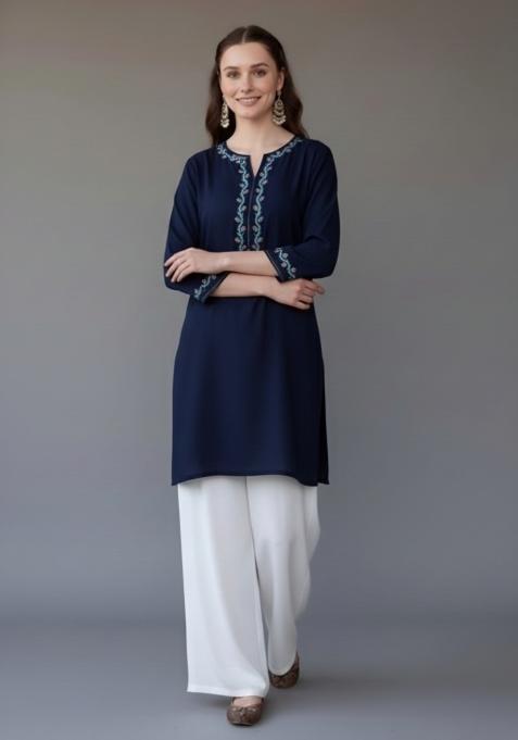 Navy Blue Embroidered Rayon Kurta Set