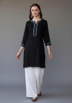 Black Embroidered Rayon Kurta Set