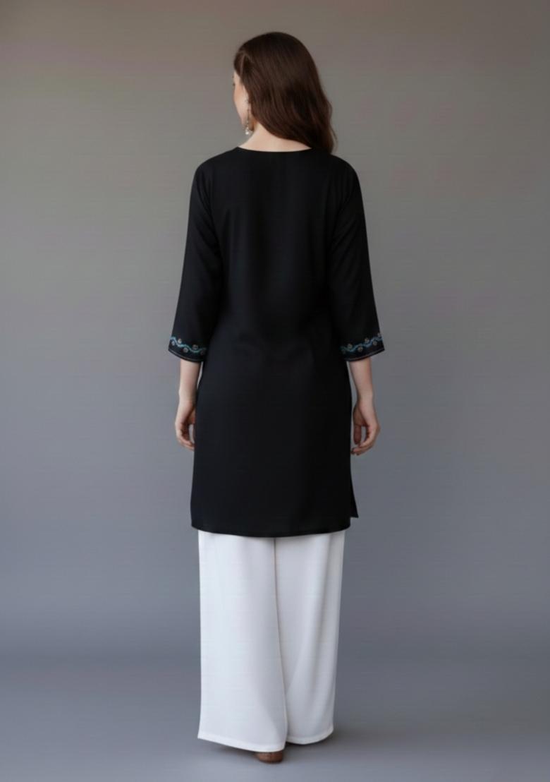 Black Embroidered Rayon Kurta Set - Indya