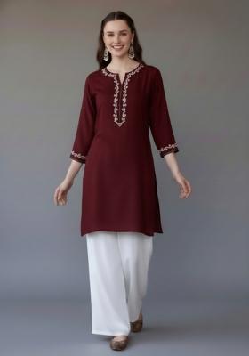 Maroon Embroidered Rayon Kurta Set