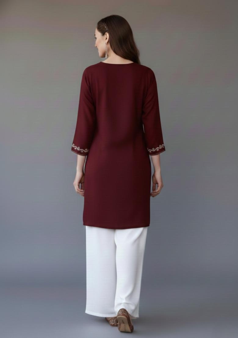 Maroon Embroidered Rayon Kurta Set - Indya