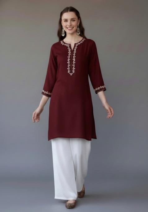 Maroon Embroidered Rayon Kurta Set