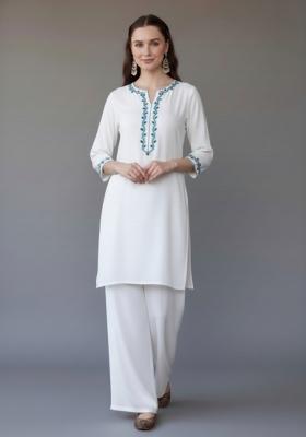 White Embroidered Rayon Kurta Set