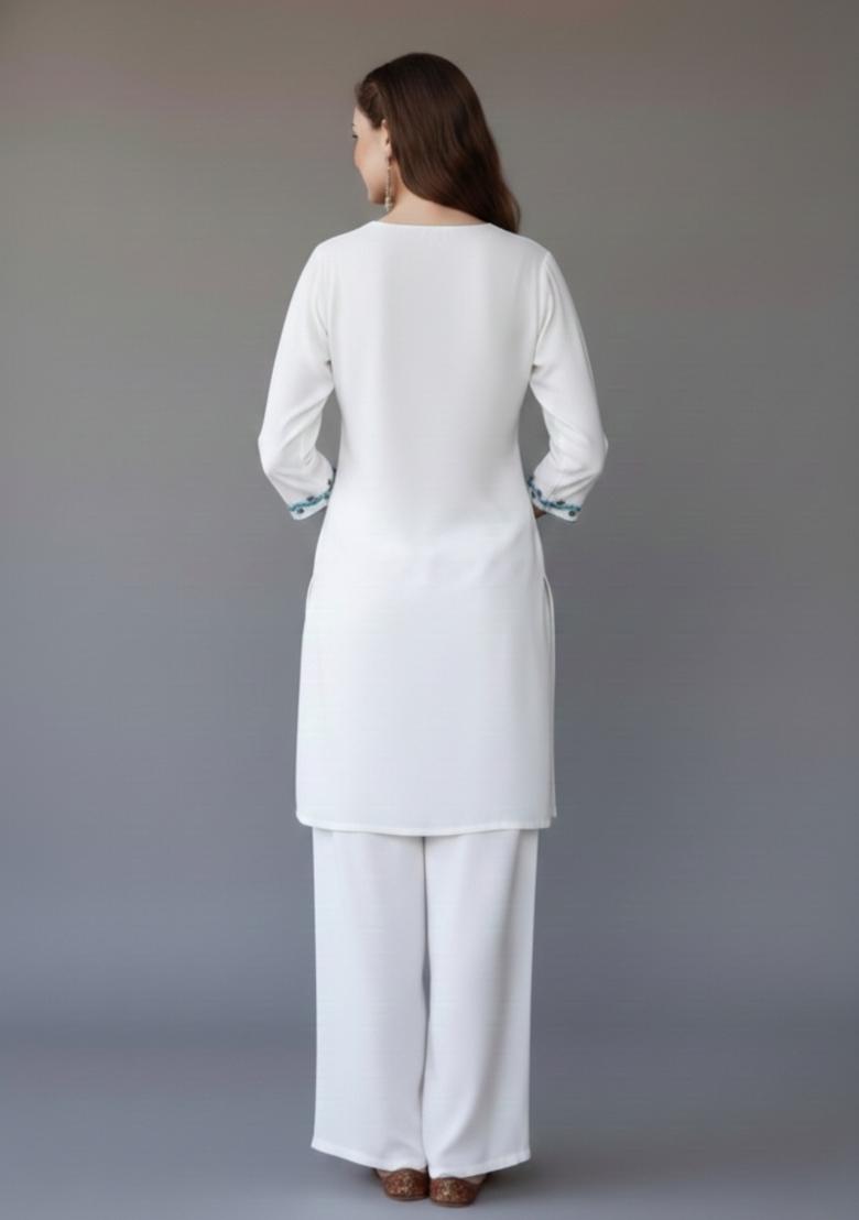 White Embroidered Rayon Kurta Set - Indya