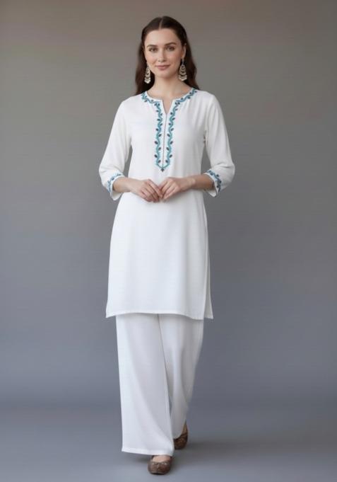 White Embroidered Rayon Kurta Set