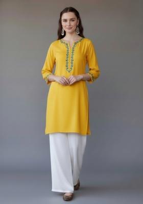 Yellow Embroidered Rayon Kurta Set