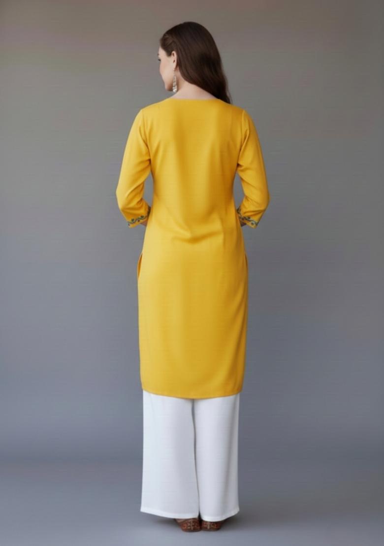 Yellow Embroidered Rayon Kurta Set - Indya