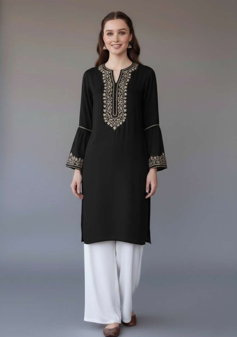 Black Embroidered Rayon Kurta Set - Indya
