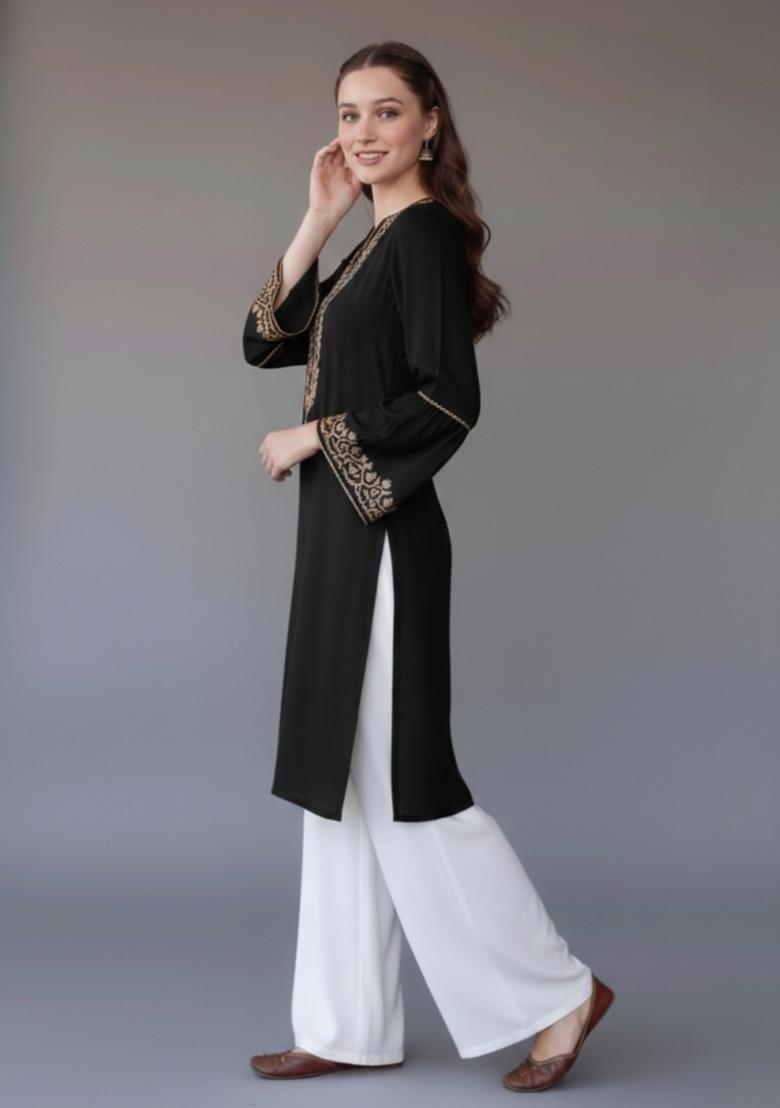 Black Embroidered Rayon Kurta Set - Indya