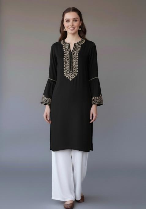 Black Embroidered Rayon Kurta Set