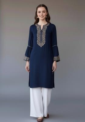 Navy Blue Embroidered Rayon Kurta Set