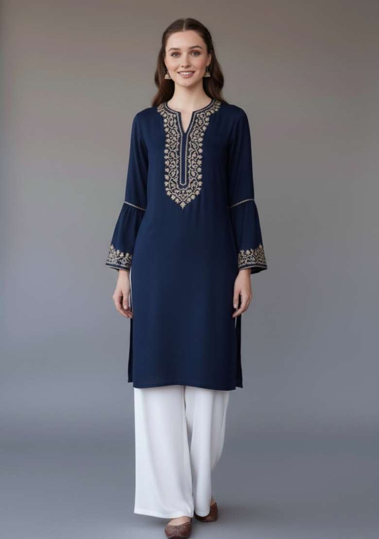Navy Blue Embroidered Rayon Kurta Set - Indya