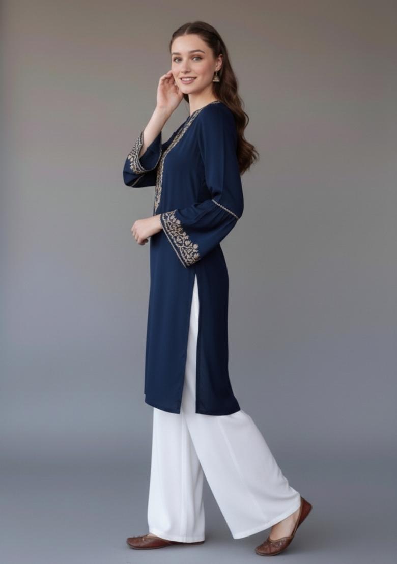 Navy Blue Embroidered Rayon Kurta Set - Indya