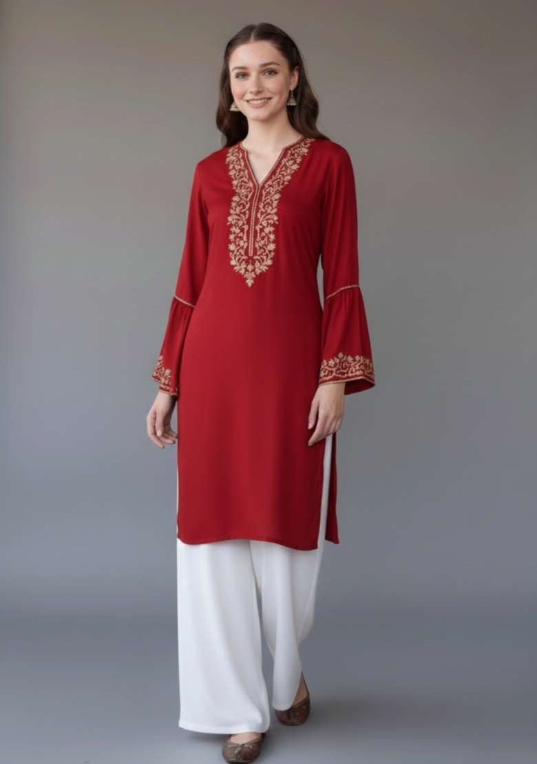 Red Embroidered Rayon Kurta Set - Indya