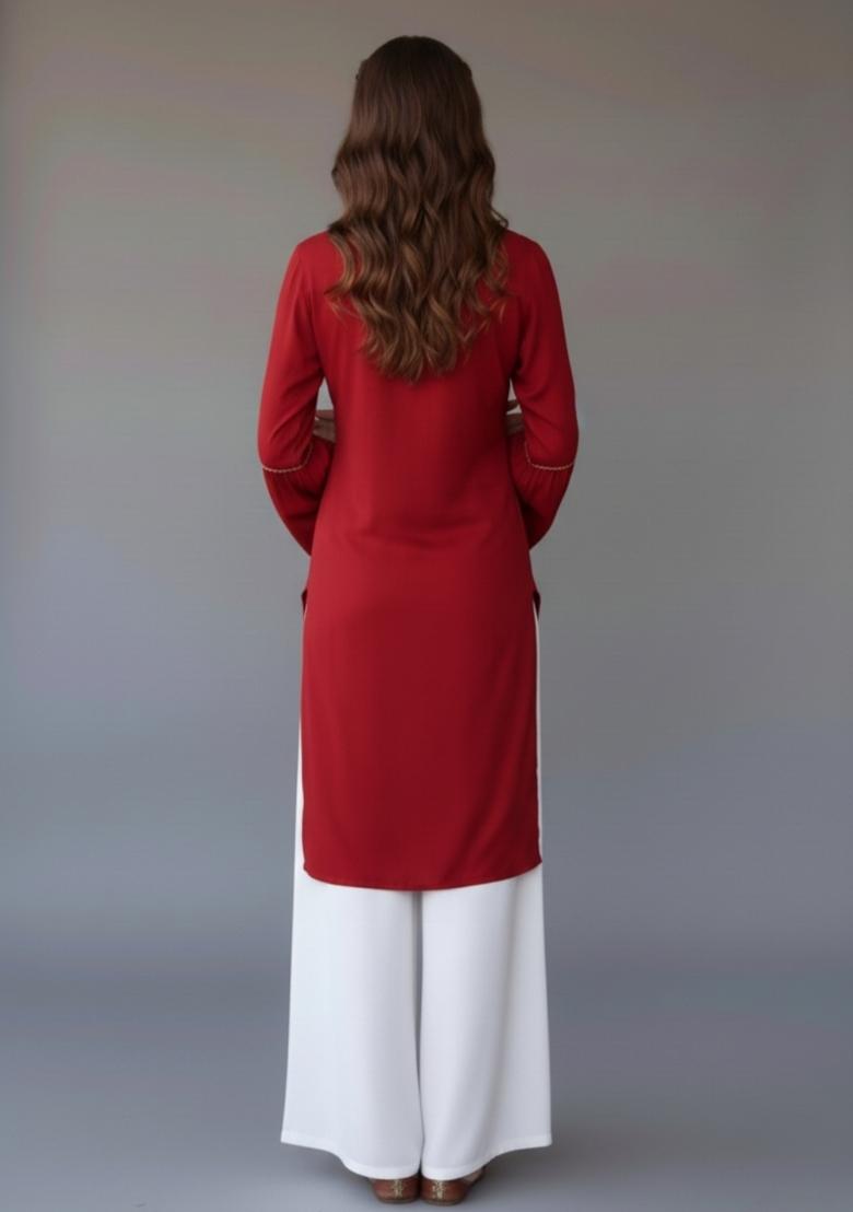 Red Embroidered Rayon Kurta Set - Indya