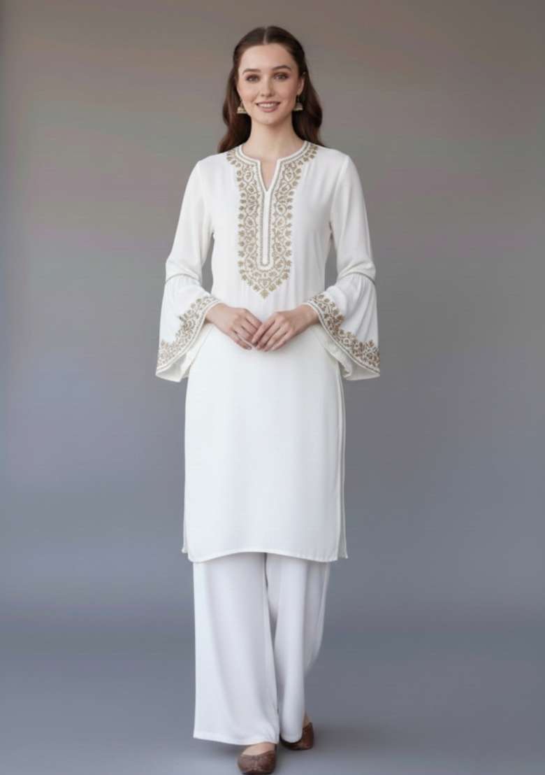 White Embroidered Rayon Straight Kurta Set - Indya