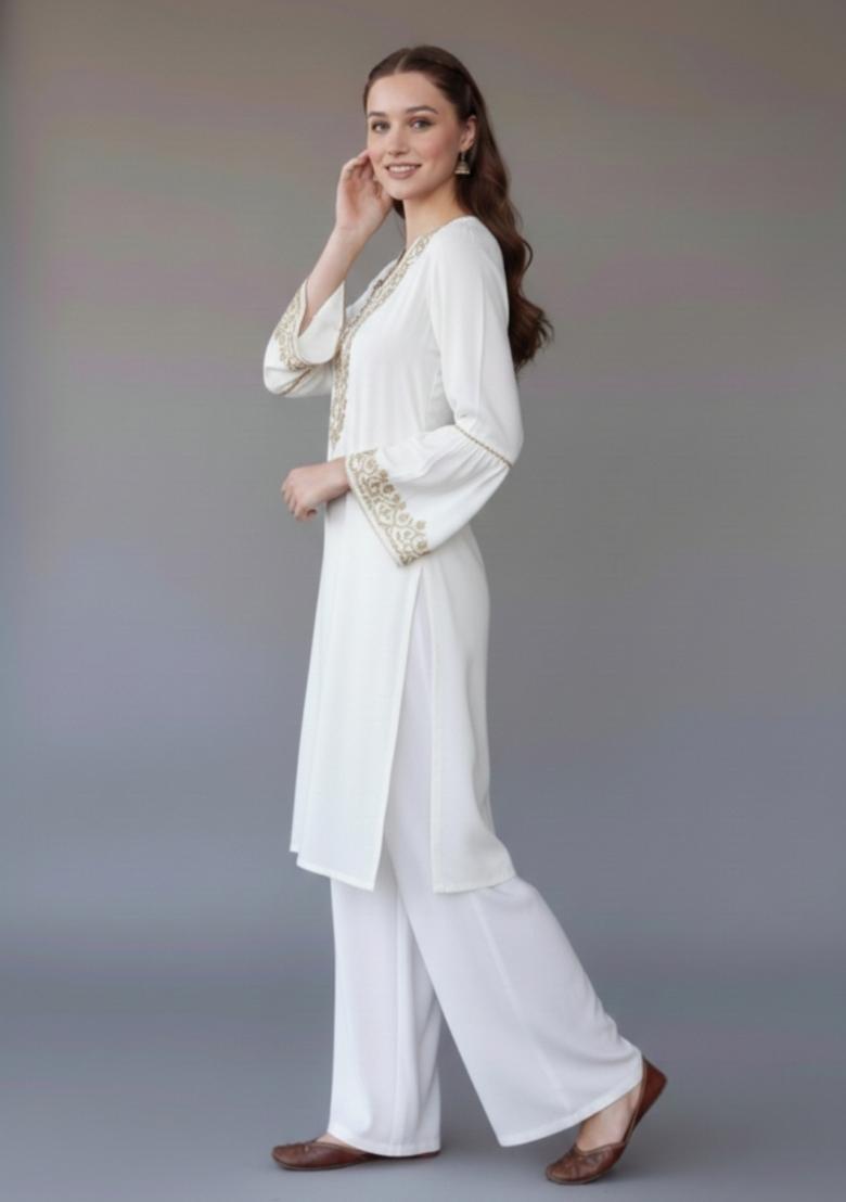 White Embroidered Rayon Kurta Set - Indya