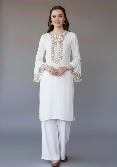 White Embroidered Rayon Kurta Set