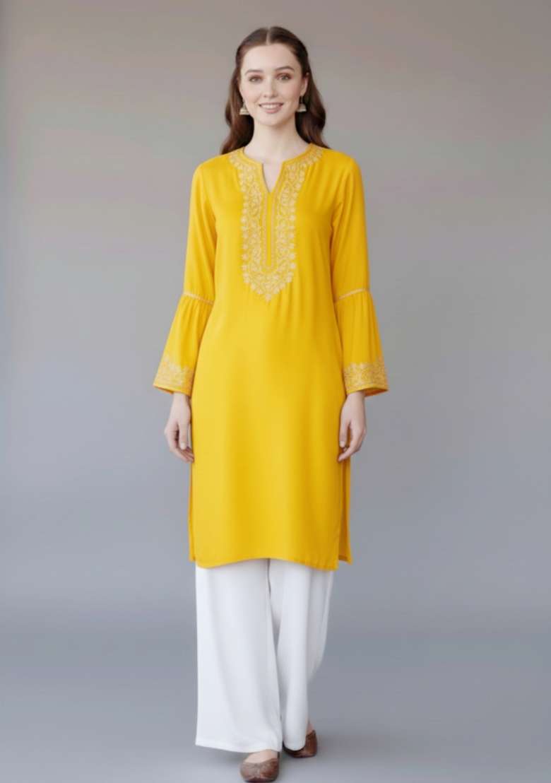 Yellow Embroidered Rayon Kurta Set - Indya